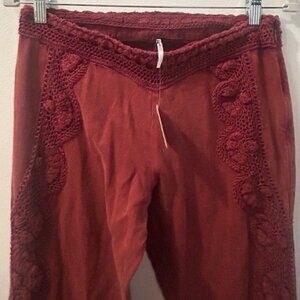 Free People Neptune's Net Crochet Embroidery Flare Burgundy Wine Lace Pant NEW